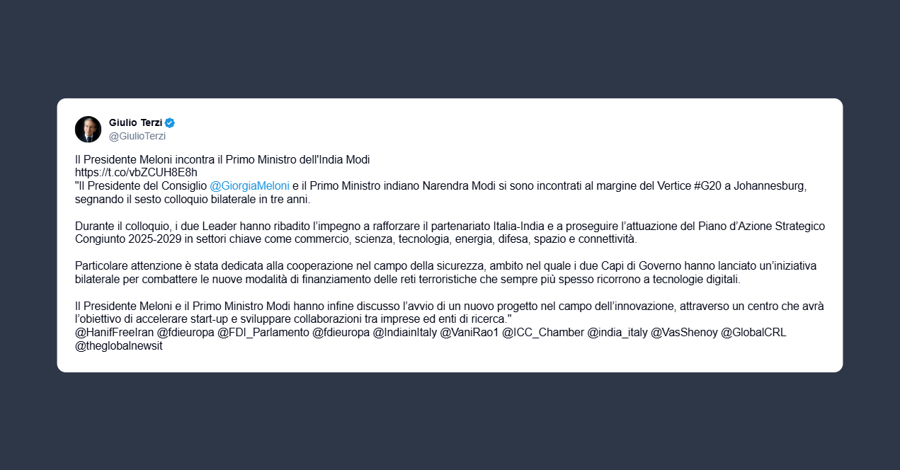 Terzi sull’incontro di Giorgia Meloni e il primo ministro indiano