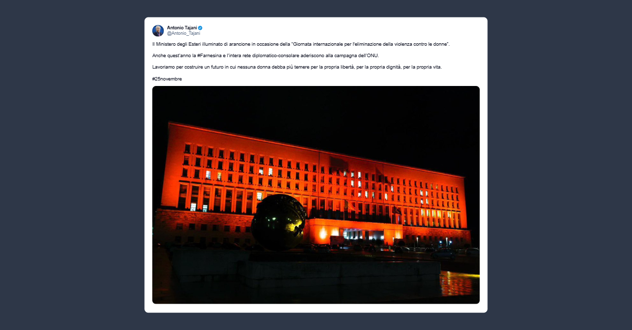 Tajani: ministero Esteri illuminato di arancione per la Giornata contro la violenza sulle donne