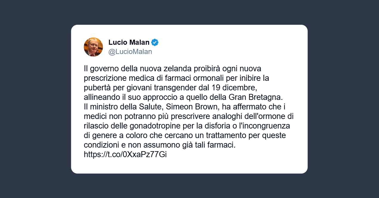 Malan: Nuova Zelanda vieta farmaci per inibire la pubertà nei giovani transgender