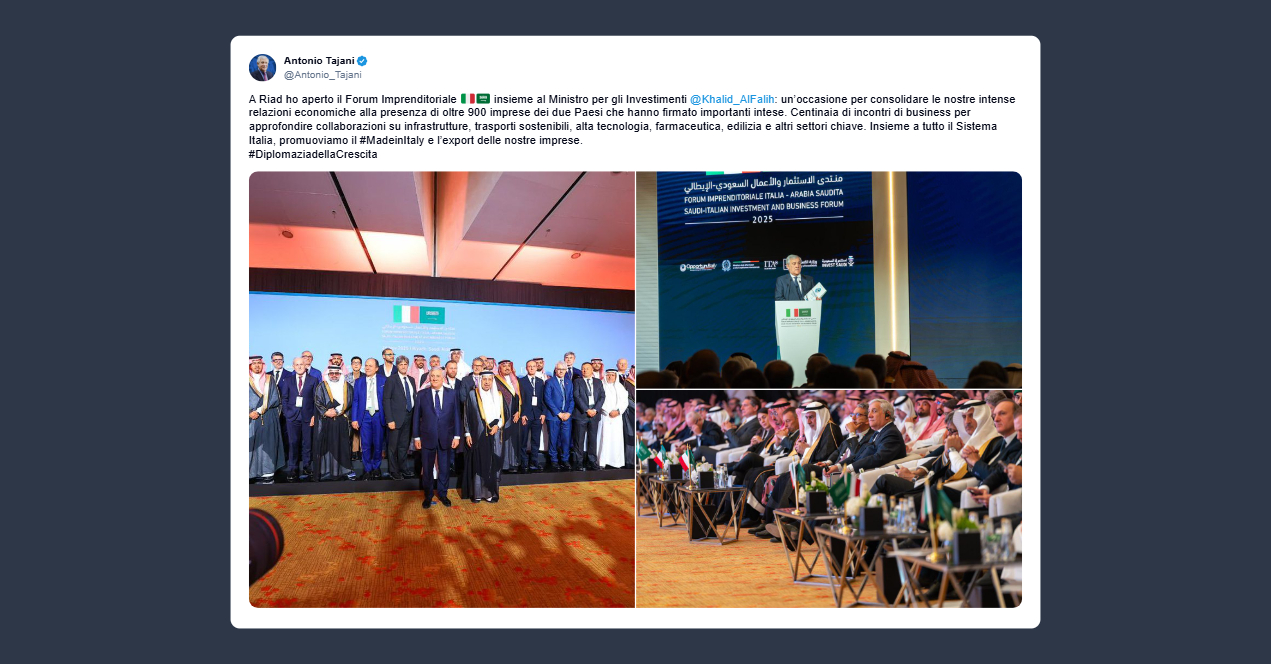 Tajani: ho aperto il forum imprenditoriale Italia Arabia Saudita a Riad