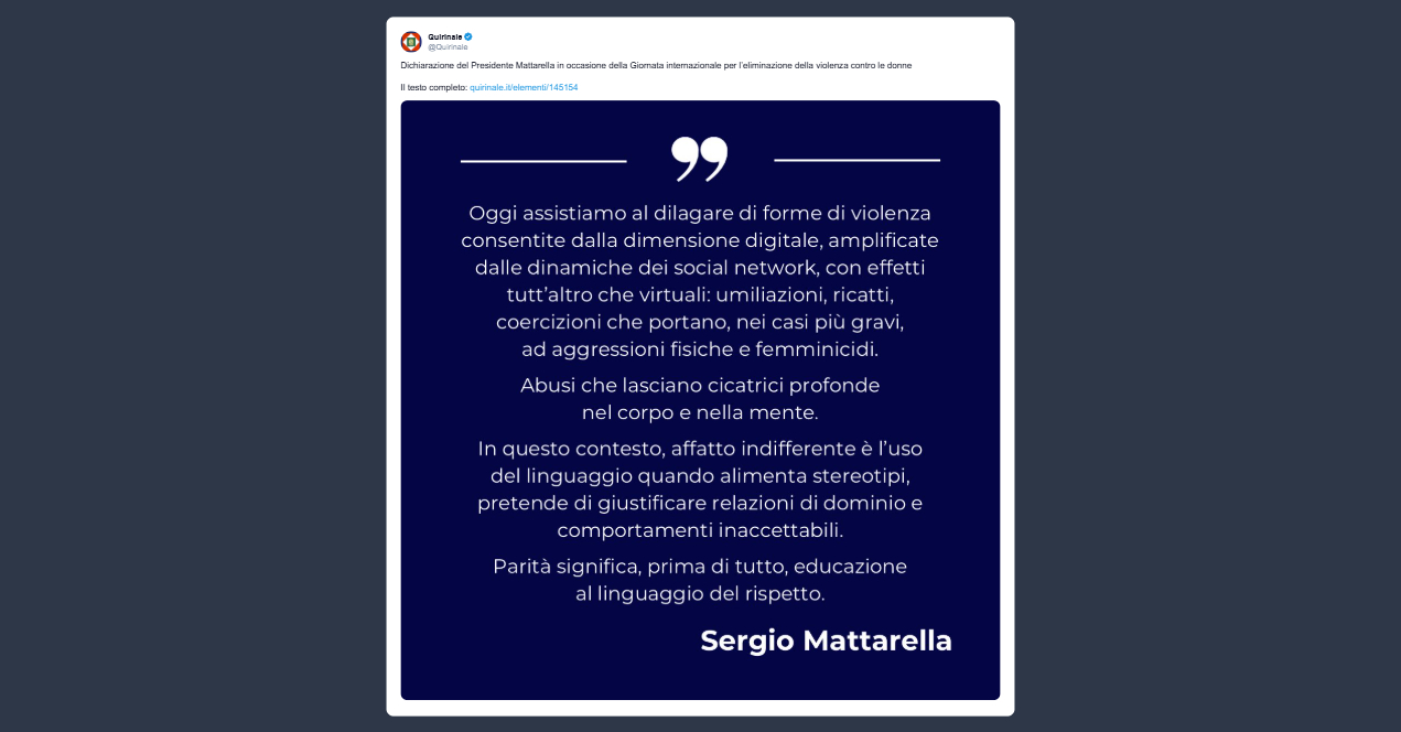 Mattarella contro la violenza sulle donne